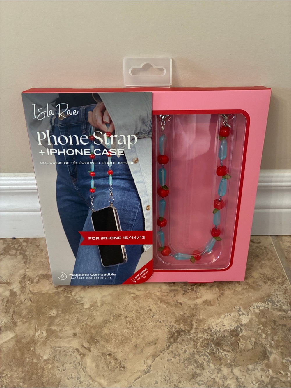 iPhone Pink Cherry Phone Strap + iPhone Case (Fits iPhone 15/14/13) NEW